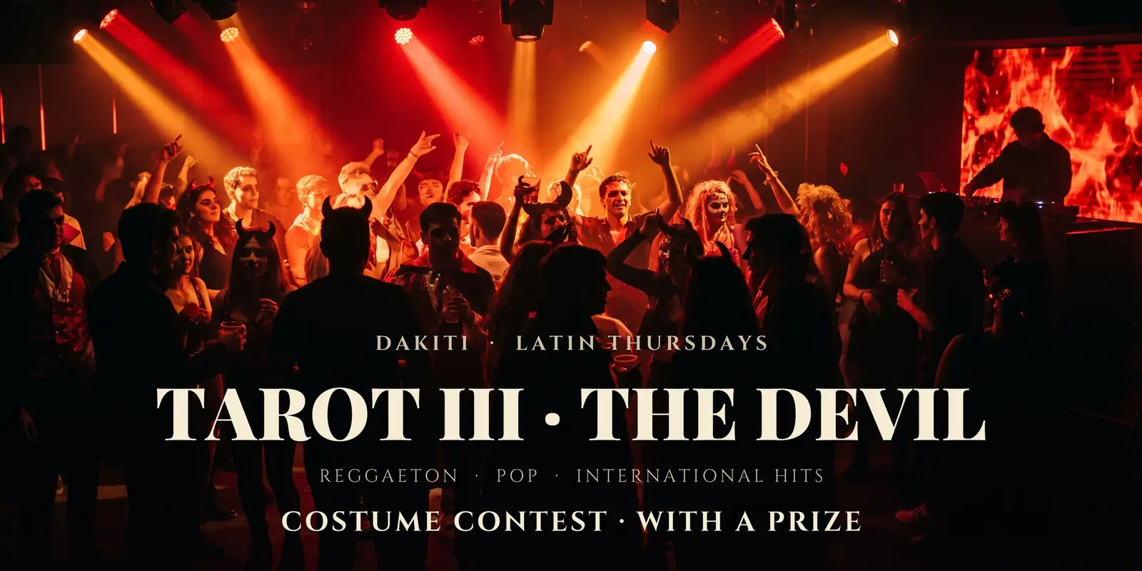 TAROT III · THE DEVIL at Dákiti: a crowd in costumes under red lights. Costume contest with a prize.